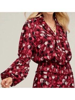 Cabi Corsage Floral Ruffle Smocked Blouse Long Sleeve Red Black Size Medium Boho